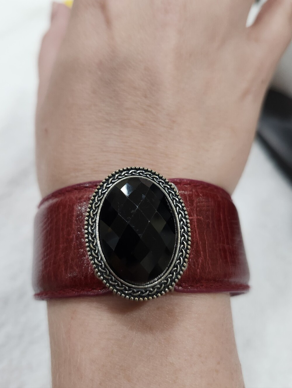 Leather Cuff Bracelet with Black Faceted Stone